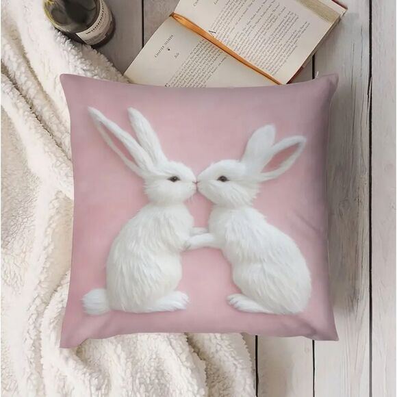 Adorable Pink Pillow with White Bunny Rabbit Design - 18" x 18" - Picture 3 of 5